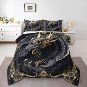 Erosebridal Серый комплект постельного белья Golden Dragon с рисунком дракона для детей и подростков легкое одеяло мистический декор комнаты, Grey Yellow