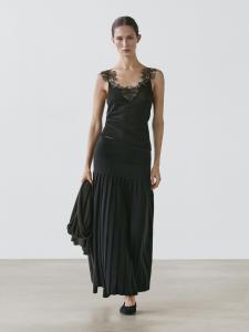 Вязаный топ на бретелях с кружевной отделкой Massimo Dutti, black