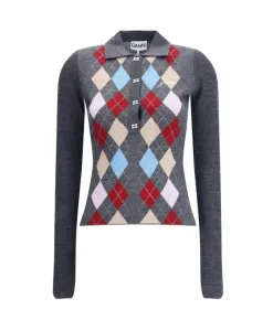 Поло-Свитер с ромбовидным принтом Ganni, серый