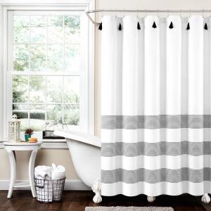 Пышный декор в стиле бохо с кисточками и полосками, пряжа, занавеска для душа Lush Decor, черный