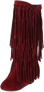Женские ковбойские сапоги GUNIYIFS, средняя длина, бахрома, стиль вестерн, женские сапоги с круглым носком, модные, на скрытом каблуке с кисточками, высокие до колена, зимние сапоги, Wine