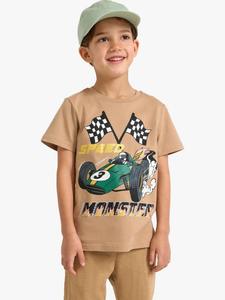 Детская футболка с принтом гоночных машин из хлопка Lindex, Light Dusty Beige