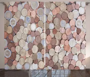 Штора ABAKUHAUS в деревенском стиле с изображением монет евро и центов, присборенная штора из тесьмы для спальни с петлями и крючками, 280 x 175 см, цвет: умбра, серо-желтый Abakuhaus