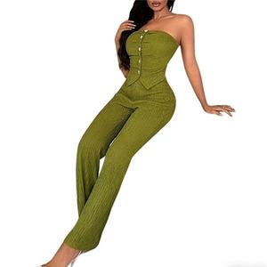 Женский топ-труба и комплект с расклешенными брюками на пуговицах для повседневной вечеринки Clearflower, Grass Green