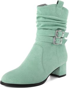 Женские ботинки YODEKS на низком каблуке с массивным каблуком, молнией, 2-дюймовым закругленным носком и пряжкой, замшевые, размер 5-13, Mint Green