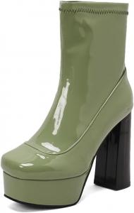 Женские ботильоны на платформе из лакированной кожи, с квадратным носком, широким каблуком, застежкой сбоку, зимние ботильоны JMdfcqer, Green