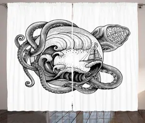 Винтажная штора ABAKUHAUS в морском стиле с татуировкой, абстрактный осьминог, присборенная штора для спальни с петлями и крючками, 280 x 225 см, цвет: антрацит, серый, белый Abakuhaus