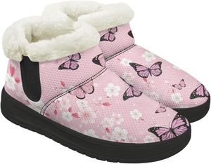 Женские зимние ботинки на снег с круглыми носками, мини-ботинки с меховой подкладкой, на липучке, противоскользящие, удобные ботильоны для женщин, размер 4.5-12 Chririnla, Pink Butterfly Cherry Blossom