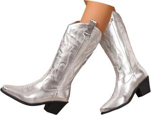 Женские металлические ковбойские сапоги в западном стиле, до колена, с заостренным носком, массивным каблуком, на молнии, ретро классические высокие сапоги, блестящие металлические в стиле кантри, винтажные сапоги Generic, Silver