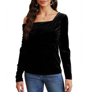 Женский асимметричный топ из бархата с запахом на одно плечо Clearflower, Black