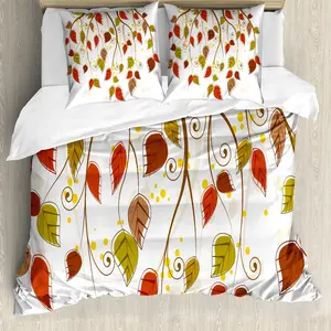 Пододеяльник ABAKUHAUS "Осенний", с рисунком "Промышленные листья", с защитой от клещей, подходит для аллергиков, с наволочками, 200 см x 200 см - 80 x 80 см, цвет "Сиена жженая" коричнево-зеленый Abakuhaus