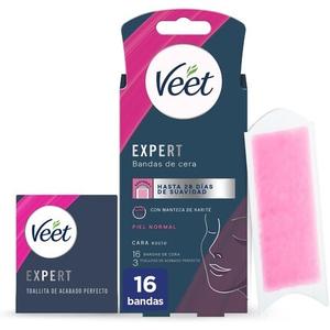 Восковые полоски Veet Expert для удаления волос на лице с маслом ши, 16 полосок