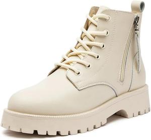 Женские кожаные ботильоны с двойной молнией на платформе и толстом каблуке, мотоциклетные ботинки Generic, Beige Fleece