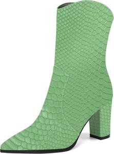 Женские ботильоны MOVINSTEPS в ковбойском стиле с закрытым носком, модные, с боковой молнией, из лакированной кожи, массивный высокий каблук, средняя голень, каблук 3,3 дюйма, Grass Green Snake