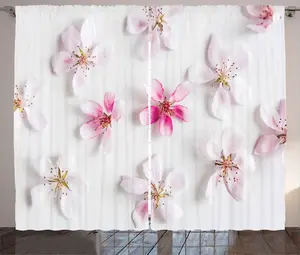 Штора в деревенском стиле ABAKUHAUS Цветущий миндаль, Любовь к лепесткам сакуры, присборенная штора для спальни с петлями и крючками, 280 x 245 см, нежно-розовый с белым Abakuhaus