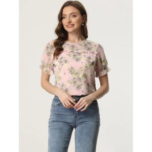Женская шифоновая блузка с короткими рукавами и рюшами и цветочным принтом ALLEGRA K