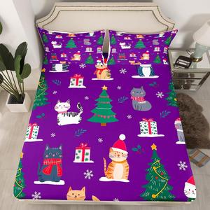 Erosebridal Комплект постельного белья Cartoon Cat с рождественской тематикой и милыми котятами в фиолетовых тонах, Green Grey Red White Purple