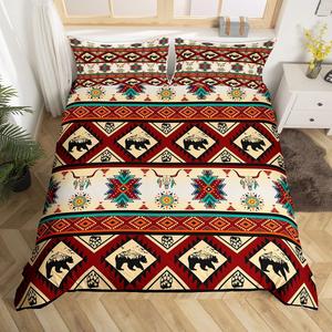 Erosebridal Комплект постельного белья Black Bear с этническим принтом черепа быка и геометрическими узорами в стиле бохо, Multi 09