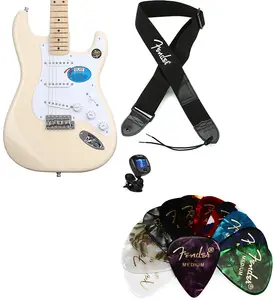 Fender Jimmie Vaughan Tex-Mex Stratocaster - олимпийский белый с грифом из клена. Комплект с ремнем Fender 2" с полиэстеровым логотипом - черный с белым логотипом... (4 предмета)
