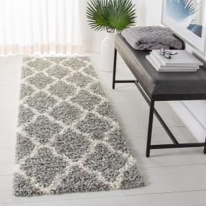 Ковер-дорожка SAFAVIEH, 69 x 305 см, Dallas Shag Collection Grey/Ivory SGDS257G Trellis Non-Shedding для гостиной, спальни, столовой, прихожей, плюшевый