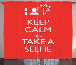 Штора ABAKUHAUS Meme Rustic с надписью Тишина и селфи, универсальная ленточная штора для гостиной с петлями и крючками, 280 x 225 см, ярко-красный с белым Abakuhaus