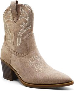 Вестерн-сапоги для девушек, замша, средняя длина, вышивка в виде звезды, массивный каблук, боковая молния Generic, Tan