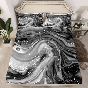 Erosebridal Комплект постельного белья Gray Watercolor с черным мраморным принтом и серой фольгой из микрофибры, Marble 18