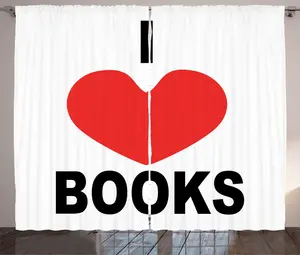Штора ABAKUHAUS Библиофил в деревенском стиле, Я люблю книги и искусство, универсальная тесьма для гостиной с петлями и крючками, 280 x 225 см, цвет: белый, черный, алый Abakuhaus