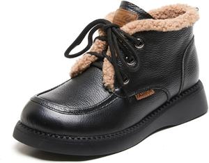 Женские зимние ботинки AMAZIDEAL из натуральной кожи на шнуровке с платформой, модные ручной работы с круглым носком, утепленные мехом, комфортные нескользящие повседневные ботильоны для улицы, Black