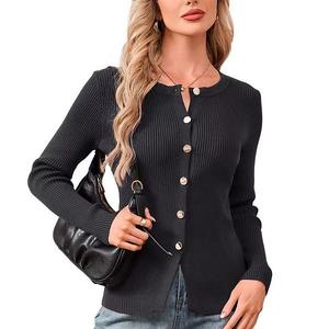 Женский вязаный кардиган с металлическими пуговицами, разрезом по подолу и круглым вырезом, мягкий и удобный Clearflower, Black