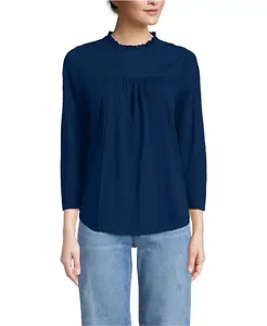 Женский топ из хлопка с рукавами 3/4 и кружевной отделкой Lands' End, синий