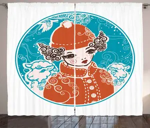 Штора ABAKUHAUS в стиле ретро, Маленькая девочка в зимней овце, универсальная ленточная штора для гостиной с петлями и крючками, 280 x 245 см, цвет: коричневый, небесно-голубой Abakuhaus