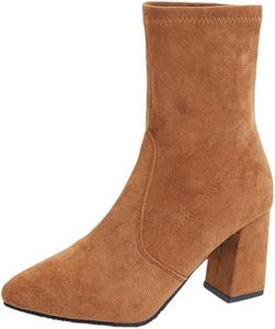 HoaloX Женские модные короткие ботинки на толстом каблуке с заостренным носком, большого размера, черного и коричневого цвета. Подходят для осенне-зимних образов или для работы.