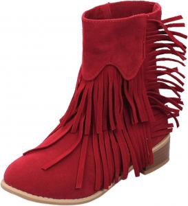 Женские ботильоны ZBYY с кисточками, модные зимние сапожки с бахромой, низкий каблук, заостренный носок, западные ковбойские ботильоны, Red 10.5