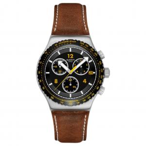 SWATCH Часы Essentials Collection Quartz Movement Unisex Watch 43mm Black Dial Stainless Steel Case Leather Strap, Black Dial