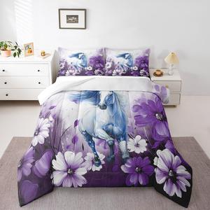 Erosebridal Комплект постельного белья Horse с цветочным принтом в сине-фиолетовой гамме и изображениями животных, Blue Purple