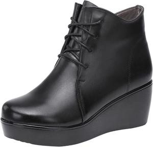 Женские осенне-зимние ботинки Yiozoi с танкеткой, шнуровкой, для офиса, на открытом воздухе, против скольжения, с круглым носком, повседневные кожаные ботильоны, Black Plush