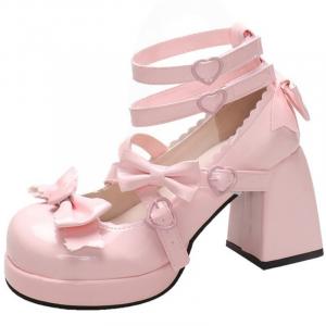 Туфли Мэри Джейн на толстом каблуке с милыми заячьими ушками, водонепроницаемые, с бантом в стиле Лолиты NX DOUGHNUT, Pink