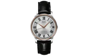 MIDO Часы Baroncelli Automatic Mechanical Movement Men's Watch Watch 39mm Silver Dial Cow Leather Strap, Silver Gray Watch Dial