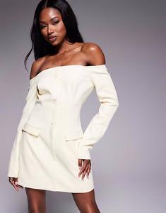 Эксклюзивное мини-платье Kaiia с вырезом «бардо» на пуговицах и карманами спереди лимонного цвета