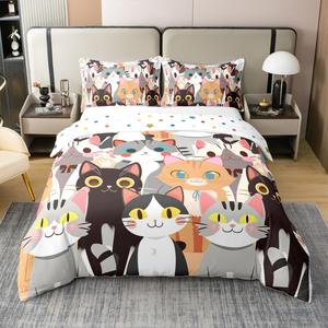 Erosebridal Комплект постельного белья Cartoon Cats из 100% хлопка с милыми котятами для детей и подростков, Black Grey Khaki