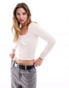 Кружевной топ Cotton On Annie с V-образным вырезом и длинными рукавами розового цвета Cotton:On