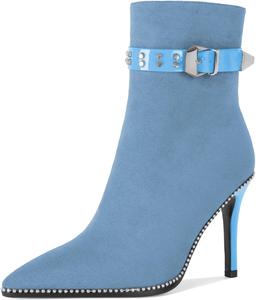 Younton Женские ботильоны на высоком каблуке-стилет с бусинами, заостренным носком, боковой молнией и пряжкой, из матовой кожи, 3,5 дюйма