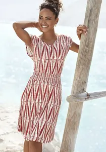 LASCANA Трикотажное платье с широким присборенным поясом, короткое летнее платье с принтом по всей поверхности, кремовый