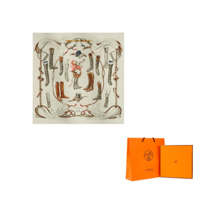 HERMES Шарф из шелка тутового шелкопряда для женщин Parchment/Charcoal Gray/Coral Red