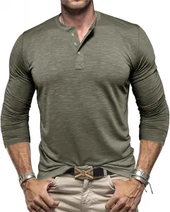 Мужская хлопковая футболка Henley с длинным рукавом Slim Fit Mmoneyake