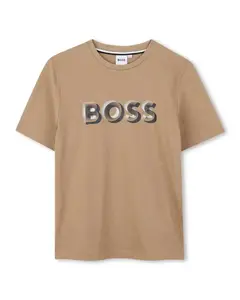 Детская хлопковая футболка с логотипом спереди BOSS Kidswear, светло-коричневый