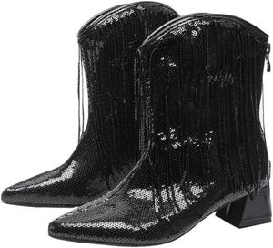 Женские ковбойские сапоги с пайетками и кисточками, короткие ботильоны с острым носком и массивным высоким каблуком, блестящие туфли с бахромой на щиколотке для концертов, вечеринок и повседневной носки LokoLucx, Black