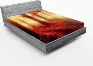 Простыня на резинке ABAKUHAUS Лес, лучи солнца сквозь туманный старый лес осенью, сказочное изображение утреннего вида, 120 x 190 см, желто-красный Abakuhaus