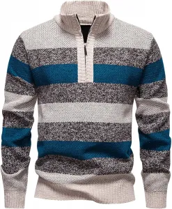Полосатый свитер с принтом для мужчин, утепленный, с длинными рукавами и воротником-стойкой